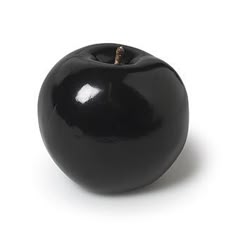 an apple that is black and shiny on the outside, with a brown stem sticking out of it