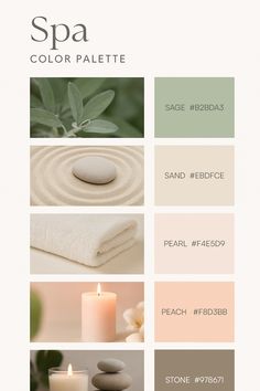 the spa color palette is shown with candles, towels and other things to use for it