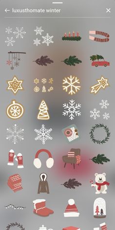 an image of christmas stickers on a cell phone with snowflakes and other decorations