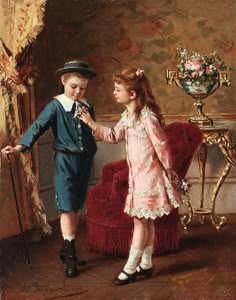 a painting of two children standing next to each other