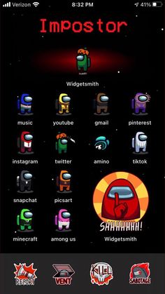 an iphone screen with the text impostr on it and various icons in different colors