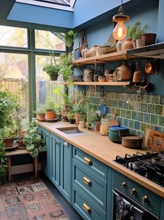 Aesthetic blue kitchen interior adorned with a variety of lush green plants. Perfect blend of modern design and nature's touch.