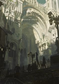 an old building with people walking around it