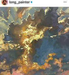 an abstract painting with gold, blue and pink colors on the bottom right hand corner