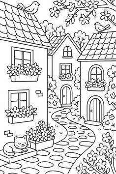 a house with flowers in the yard coloring page