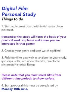 a poster with the words, digital film personal study things to do