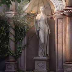 a statue in front of a building with ivy growing on it's walls and columns