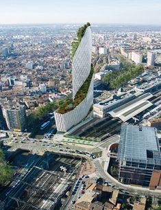 an aerial view of a large city with tall buildings and lots of green vegetation on the roof