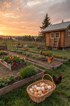 a basket full of eggs sitting on top of a grass covered field next to chickens