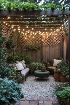 an outdoor seating area with potted plants and lights strung over the top of it