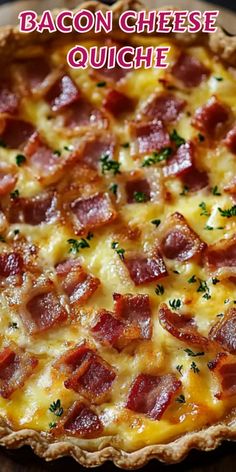 This pin shows a close-up of a delicious-looking bacon and cheese quiche. The quiche has a golden-brown crust and a creamy filling with bits of bacon and melted cheese visible. It looks like it would be great for brunch.