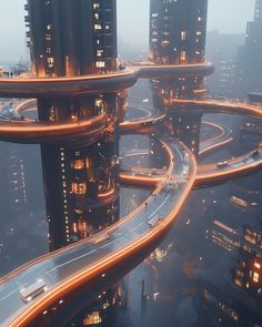 an aerial view of a city at night with lots of traffic on the road and buildings in the background