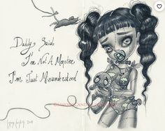 a drawing of a girl holding a mouse with the caption daddy said you're not monster hunter i'm not murdered