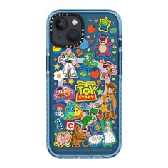 an iphone case with cartoon stickers on the front and back cover, in blue