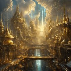 an image of a fantasy city scene with clouds in the sky and water running through it