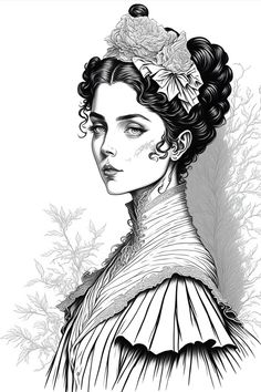a black and white drawing of a woman with flowers in her hair, wearing a dress
