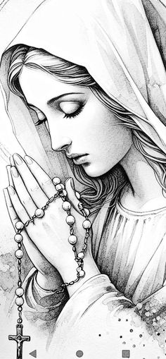 a black and white drawing of a woman praying