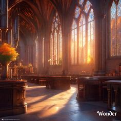 the interior of a church with sunlight streaming through the windows