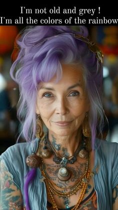 Psytrance Tattoo, Cowgirl Hair Styles, Purple Grey Hair, Wild Women Sisterhood, Advanced Style, Wild Woman, Aging Gracefully, Aging Beautifully, Flower Child