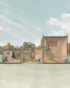 an artist's rendering of a house in the middle of some trees and bushes