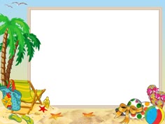 an image of a beach scene with a blank sign in the sand and palm trees