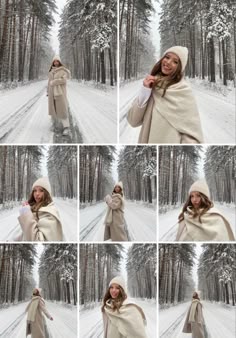 a woman is standing in the snow wearing a blanket