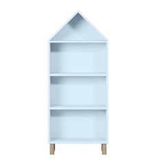 a white bookcase with three shelves on the bottom and one shelf below it, in front of a white background