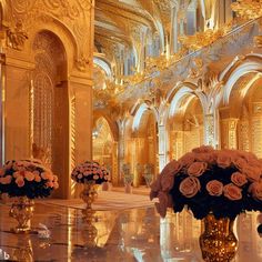 an elaborately decorated hall with gold and white flowers in vases on the floor