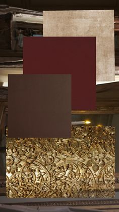 some gold and red colors are on display