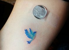 a small blue bird tattoo on the left arm and right leg, with a quarter penny sitting next to it