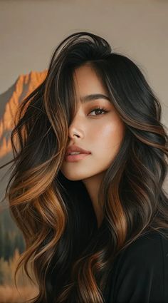 21 Stunning Black Hair With Brown Highlights Ideas 2 Color Highlights For Dark Hair, Brown And Black Hair Color, Dark Cool Brown Hair With Highlights, Black Hair With Highlights Brown, Ombre Black To Brown Hair, Black And Brown Dimensional Hair, Fall Hair Dark Roots, Black W Brown Highlights, Black Caramel Hair