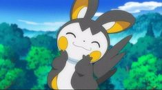 an animated image of a rabbit holding its hands up in the air with trees behind it