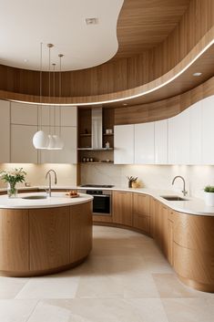 a large kitchen with wooden cabinets and white counter tops