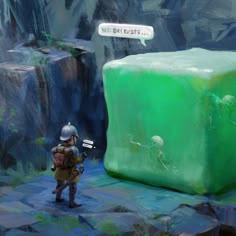 a man standing in front of a giant green object with a speech bubble above it