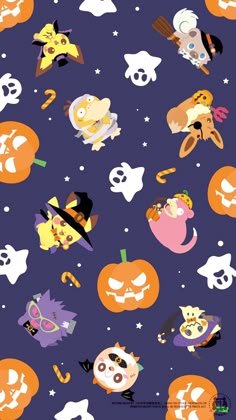 halloween wallpaper with pumpkins, cats and ghost faces on purple background for kids'room decor