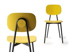 two yellow chairs sitting next to each other on top of a white floor with black legs