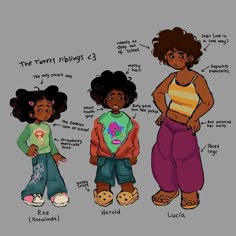 three children standing next to each other in different outfits
