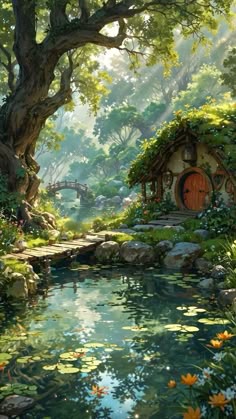 a painting of a small house in the middle of a pond with trees and flowers around it