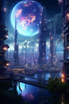 a futuristic city is shown at night with the moon in the sky and lights on