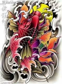 an artistic tattoo design with fish and flowers