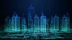 an abstract cityscape is shown in blue, green and black with glowing lights