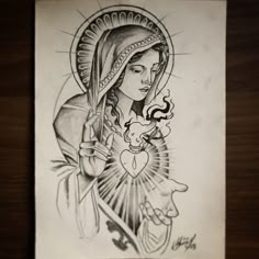 a drawing of the virgin mary holding a dove