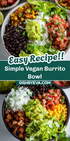 A colorful vegan burrito. This burrito bowl is an easy vegetarian meal option perfect for a quick dinner. It features fresh ingredients like avocado and corn.