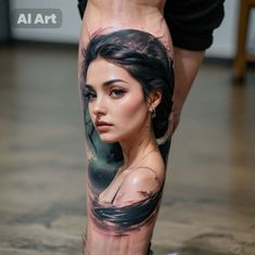 a woman's leg with a tattoo on it and her face in the background