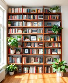 a bookshelf filled with lots of books next to a window and potted plants