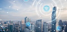 the city is connected to wi - fi and blue circles with icons on them in front of skyscrapers