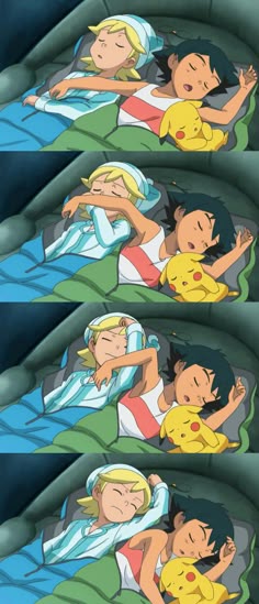 cartoon characters laying in bed together