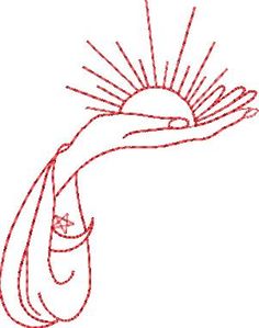 a red line drawing of a person's hand holding an umbrella with the sun in it