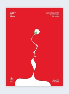 a red poster with a white flower on it