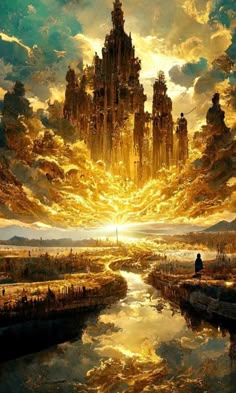 a painting of a castle in the sky with clouds above it and water on the ground